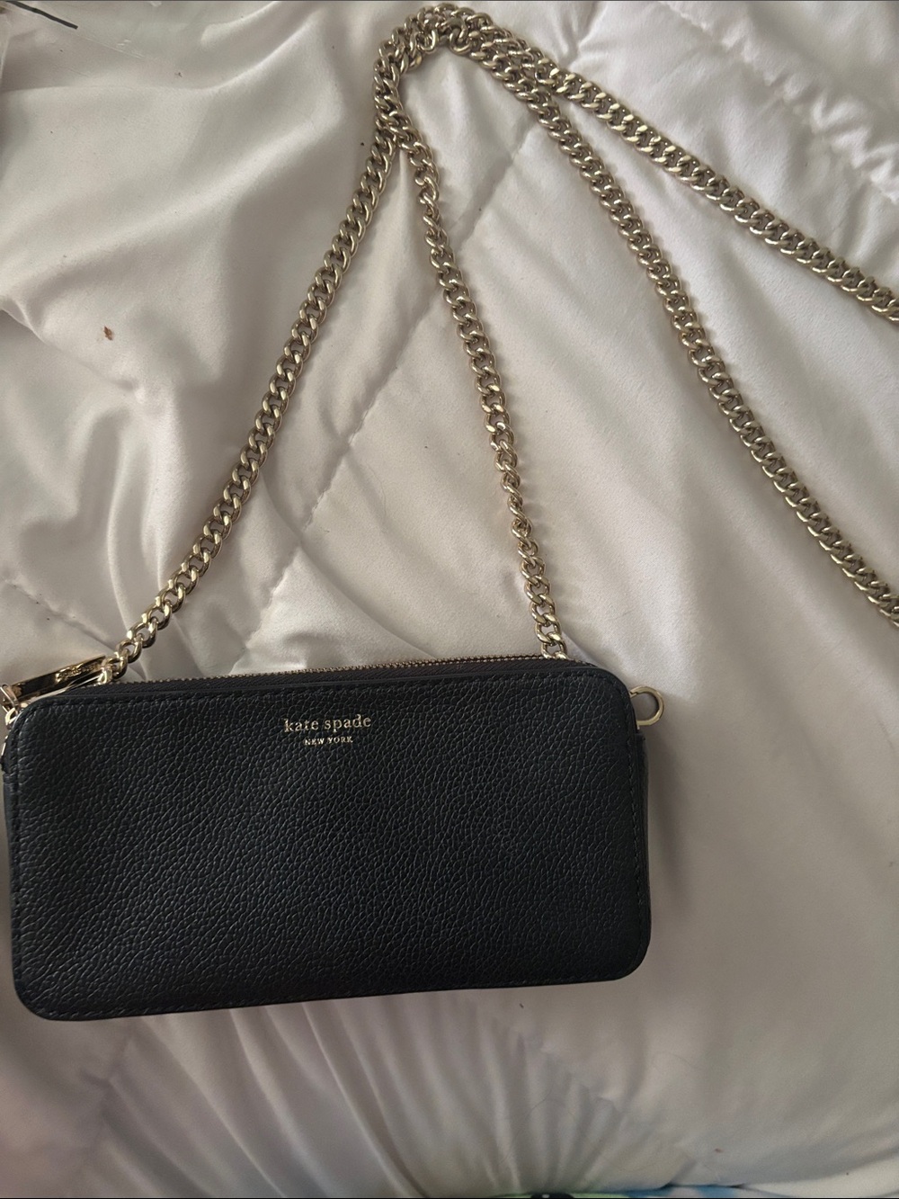 kate spade black leather crossbody with gold chain strap